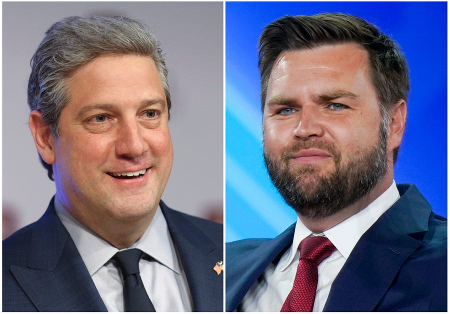 This combination of photos shows Ohio Democratic Senate candidate Rep. Tim Ryan, D-Ohio, on March 28, 2022, in Wilberforce, Ohio, left, and Republican candidate JD Vance on Aug. 5, 2022, in Dallas.