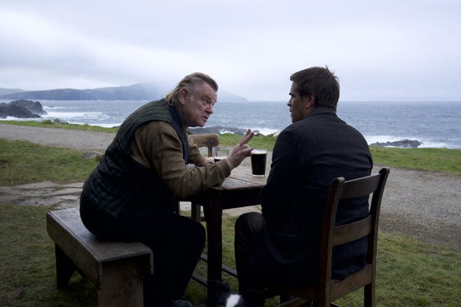 Colm (Brendan Gleeson, left) warns his former BFF Padraic (Colin Farrell) to stay away from him in the dark comedy. "Bansis of Inisherin."