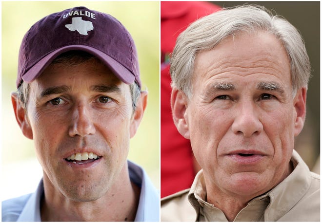 This combination of photos shows Texas Democratic gubernatorial candidate Beto O'Rourke on Sept. 30, 2022, in Edinburg, Texas, left, and Texas Gov. Greg Abbott on Sept. 21, 2021, in Del Rio, Texas, right. 