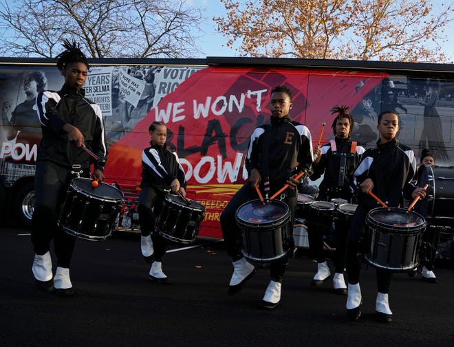A drumline from East High School performed at the Town and Country shopping center on the East Side of Columbus as the Black Voters Matter bus tour stopped to engage with Black voters and raise awareness on issues impacting Black communities on Nov. 1, 2022 in Ohio.