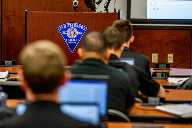 Law enforcement trainees sit in the auditorium inside the South Bend Police Department during a class last year in South Bend.