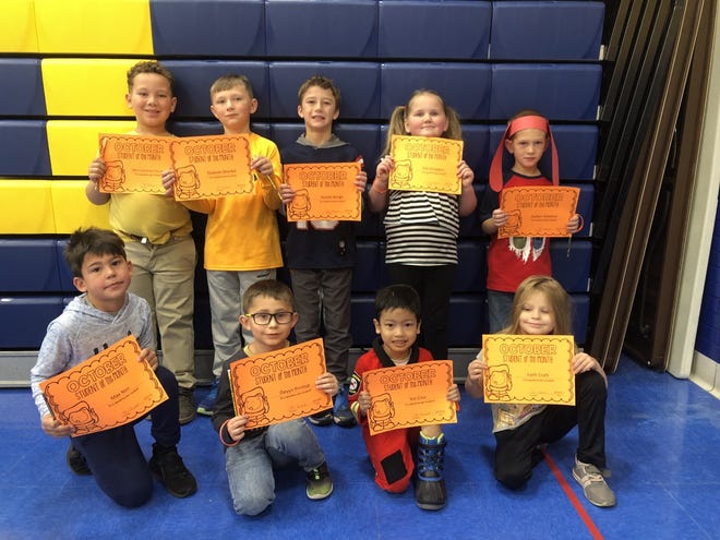 October students of the month at May Overby Elementary School in Kindergarten through second grade are, back row, from left, Ethan Casanova Feliciano, Dawson Brockel, Korbin Borge, Ella Droppers, Ayden Waldner, front row, Max Neri, Devyn Printup, Yce Cruz and Faith Craft.