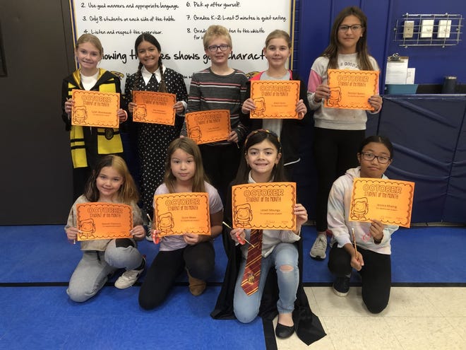 October students of the month in third through fifth grade at May Overby Elementary School are, back row, from left, Lylah Wuestewald, Mia Rodriguez, Tate Nelson, Alexis Score, Reeslyn Spears, front row, Keevah Flannery, Quinn Meyer, Lesieli Mounga and Jessica Khaing.