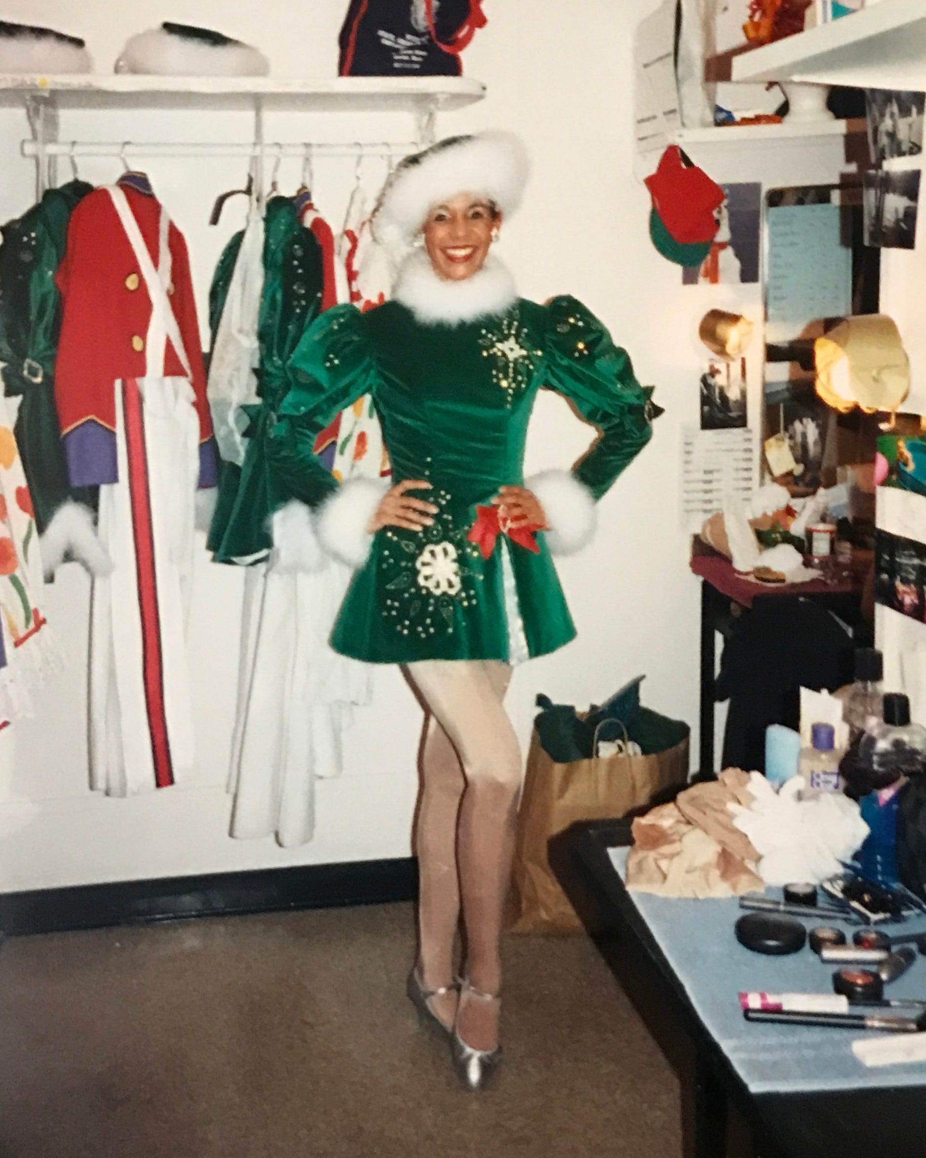 Rockette Jennifer Jones backstage at Radio City in her costume for the "Rocking Around the Christmas Tree" opening number.