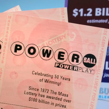 A selection of Powerball tickets are pictured at the Route One Wine and Spirits liquor store in Foxborough, Massachusetts.
