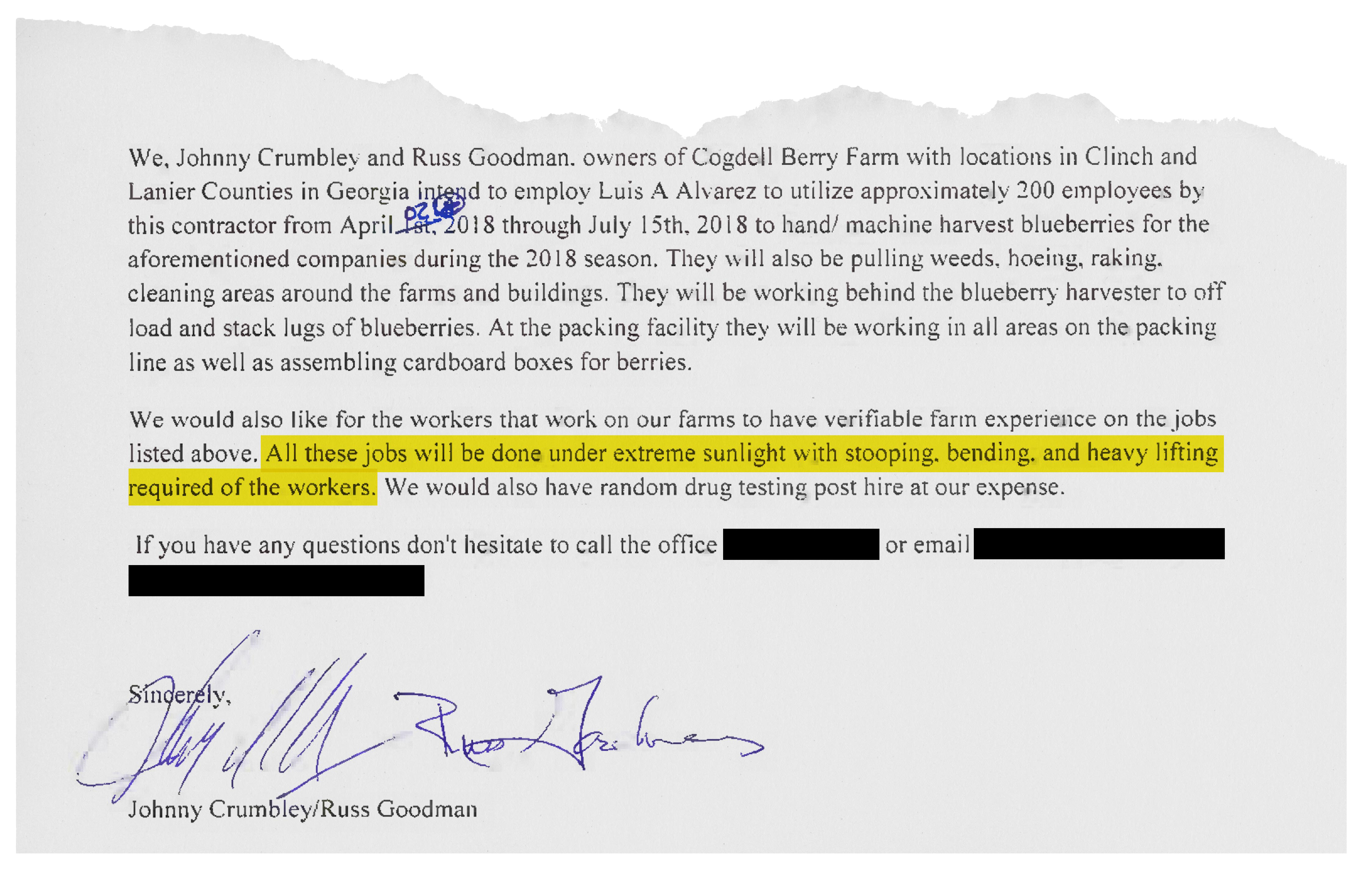 A letter from the owners of Cogdell Berry Farm, Johnny Crumbley and Russ Goodman, about the work and conditions to harvest blueberries during the 2018 season. Highlighted and redacted info by USA TODAY.