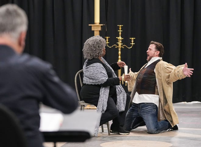 Angela Brown performs with Gregory Turay during a rehearsal for Tosca on Wednesday, Nov. 2, 2022, at Basile Opera Center in Indianapolis.