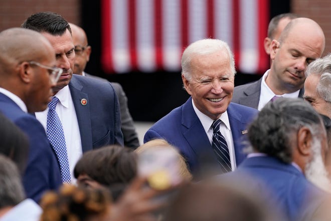 FILE - President Joe Biden greets members of the crowd after speaking at Irvine Valley Community College in Irvine on Oct. 14. Biden is making his second trip to California in less than three weeks in hopes of rescuing Democratic House members imperiled by fallout from $7-a-gallon gas, worrisome crime rates and spiking prices on everything from avocados to ground beef.(AP Photo/Carolyn Kaster, File)