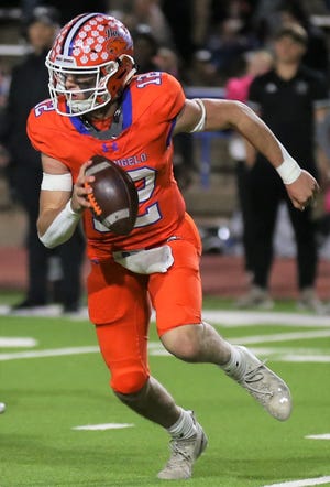 San Angelo Central High School quarterback Tyler Hill looks downfield for an open receiver during a District 2-6A showdown against Odessa Permian at San Angelo Stadium on Friday, Oct. 28, 2022.