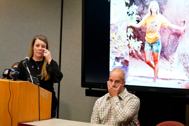 Gabby Petito's mother Nichole Schmidt, speaks during a news conference as her husband Jim Schmidt looks on Thursday, Nov. 3, 2022, in Salt Lake City.
