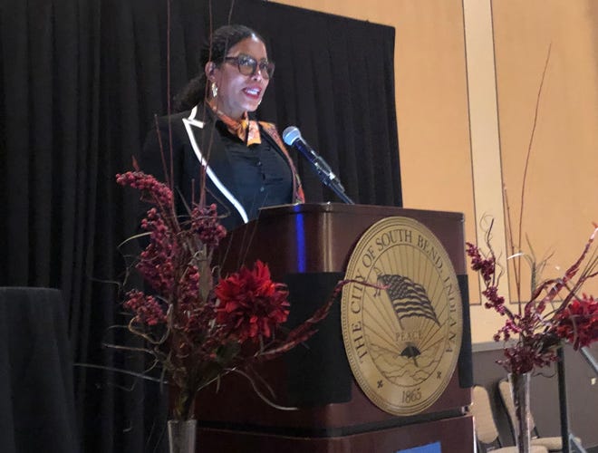 Ilyasah Shabazz, daughter of slain civil rights leader Malcomb X, speaks at a dinner at South Bend’s Century Center on Nov. 3, 2022, for a conference of the Indiana Consortium of State and Local Human Rights Agencies.