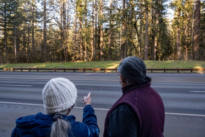 Grand Ronde tribal member Carol Logan and Yakima tribal member Wilbur Slockish look across Highway 26 toward the tribal sacred site The Place of Big Big Trees, which was leveled by ODOT a decade ago in order to widen the highway, Sunday, Feb. 6, 2022.