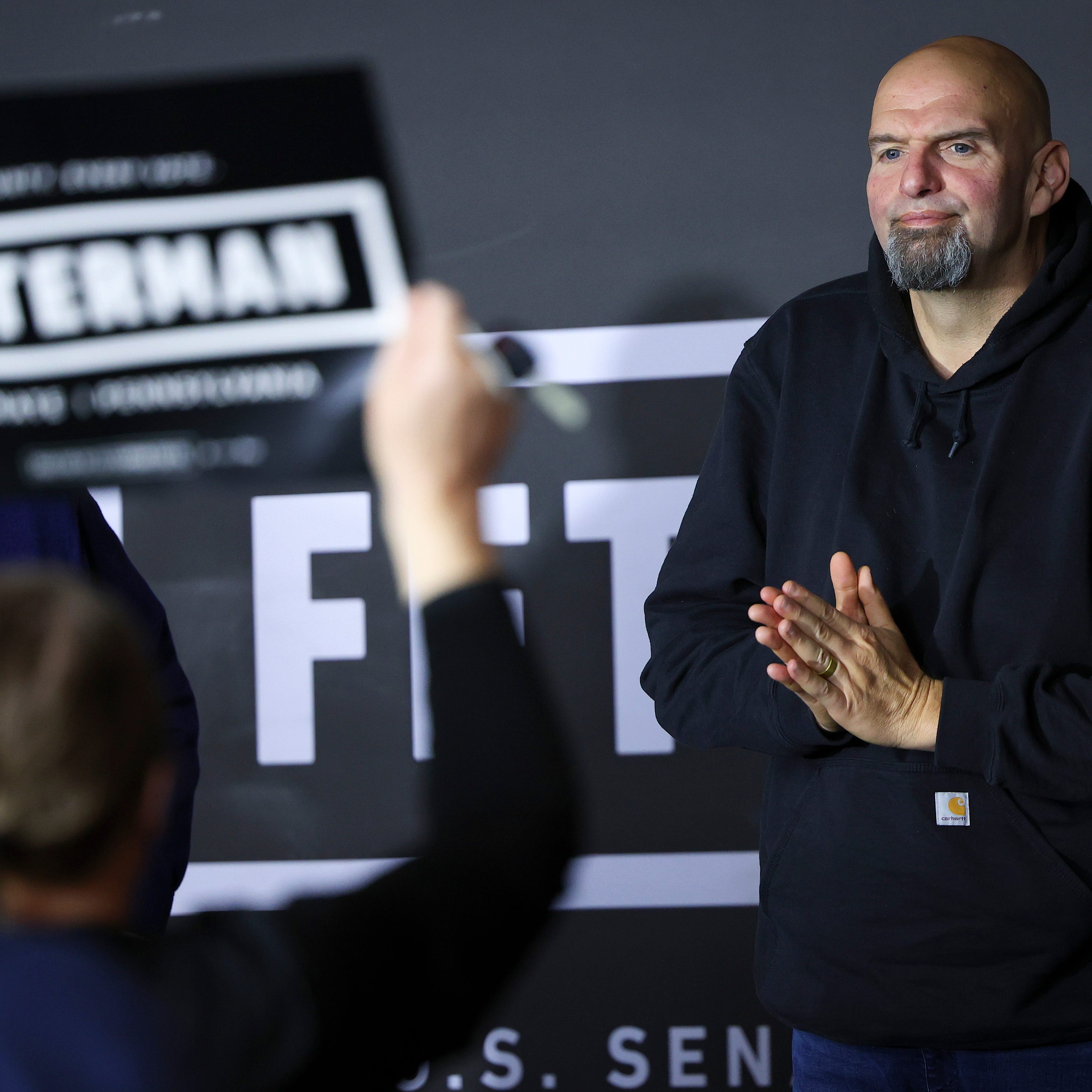 Lieutenant Governor of Pennsylvania and Democratic U.S. Senate candidate John Fetterman thanks audience members after speaking at a campaign event focused on the economy on Nov. 3, 2022, in Wilkes-Barre, Pennsylvania. Fetterman faces Republican candidate, Dr. Mehmet Oz, as part of next Tuesday's midterm elections.