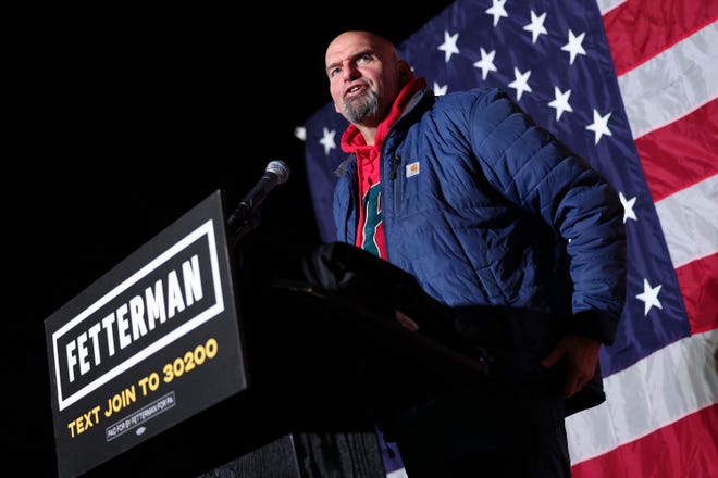 Lieutenant Governor of Pennsylvania and Democratic U.S. Senate candidate John Fetterman speaks at a campaign event at the headquarters of the International Brotherhood of Electrical Workers Local 88 on Nov. 3, 2022, in Collegeville, Pennsylvania.