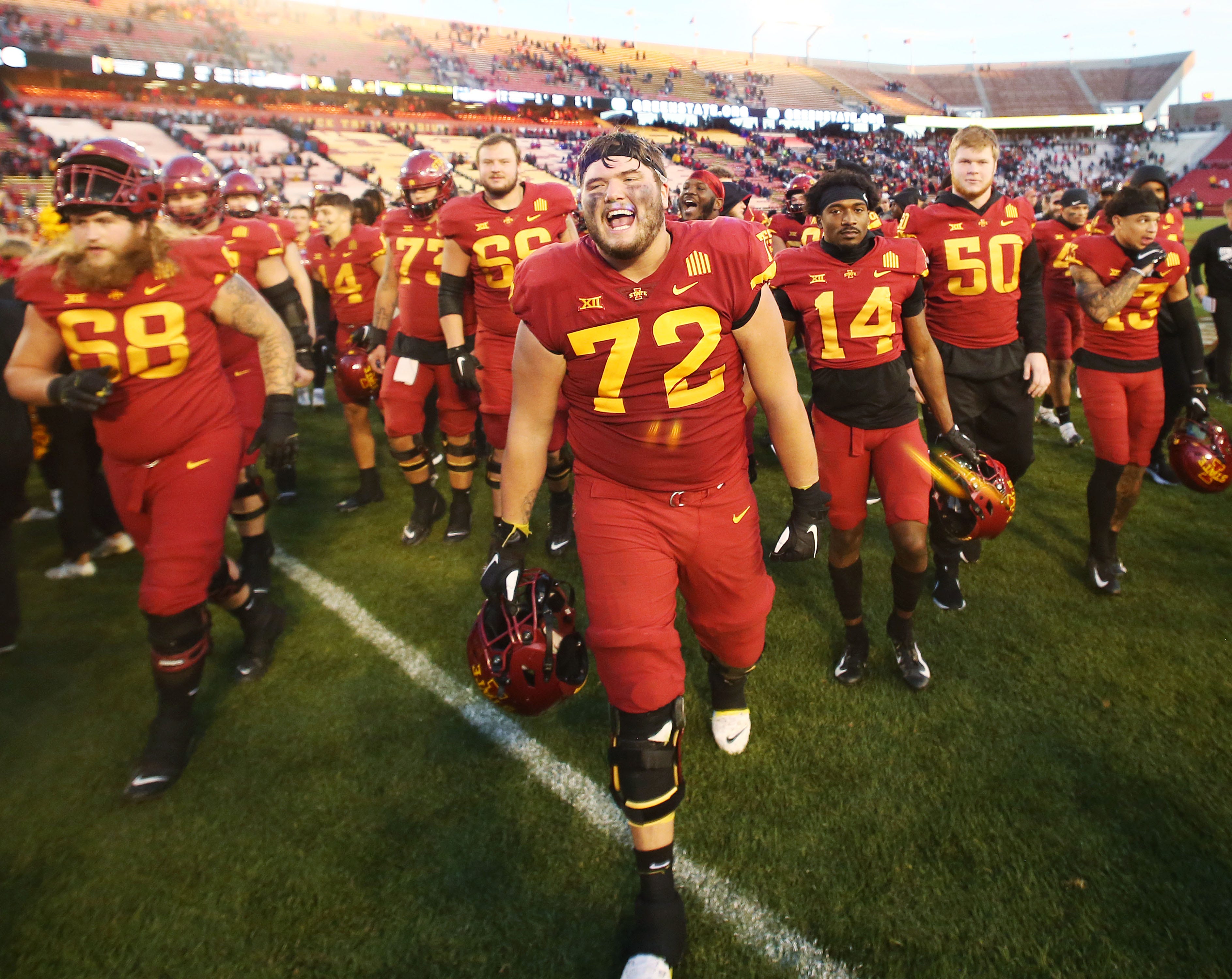Iowa State Cyclones offensive lineman Jake Remsburg (72) celebrates agter winning 31-14 over West Virginia in the Big-12 showdown at Jack Trice Stadium Saturday, Nov. 5. 2022, in Ames, Iowa.