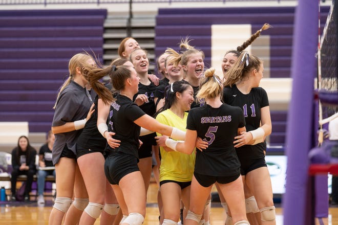 Lakeview players celebrate their win during the district final match against Northwest at Lakeview High School on Saturday, Nov. 5, 2022.