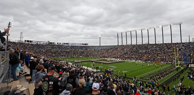Fans pack into the stadium during the NCAA football game between the Purdue Boilermakers and the Iowa Hawkeyes, Saturday, Nov. 5, 2022, at Ross-Ade Stadium in West Lafayette, Ind. Iowa won 24-3.