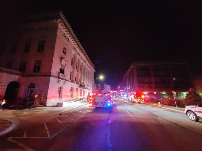 The Rockford Fire Department responds to a fire in a storage room at the old Winnebago County Courts building, 403 W. Elm St., late Saturday night in downtown Rockford.