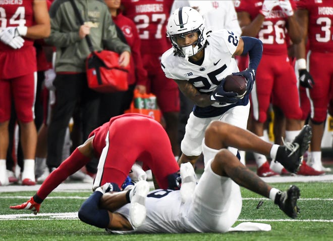 Nov 5, 2022; Bloomington, Indiana, USA; Penn State Nittany Lions cornerback Daequan Hardy (25) intercepts a pass during the first half at Memorial Stadium. Mandatory Credit: Robert Goddin-USA TODAY Sports