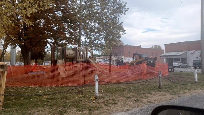 Work began recently to replace playground equipment in Plymouth Square Park. More improvements are planned for the village park. (Rudy Kemppainen/The McDonough County Voice0