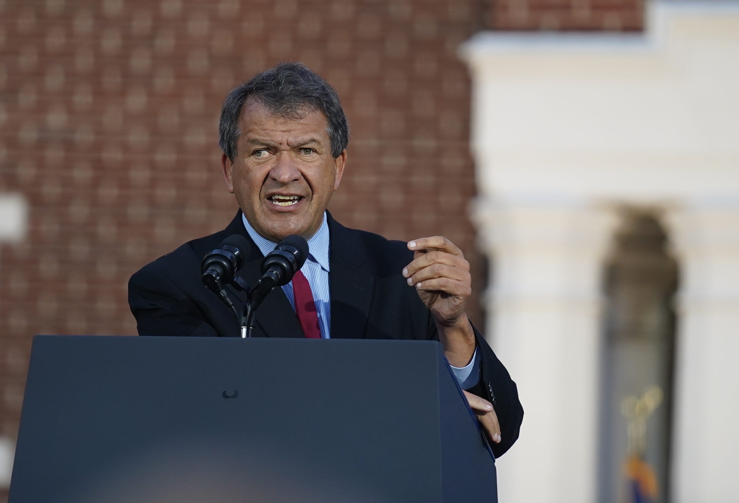 Westchester County Exective George Latimer speaks to the crowds prior to President Joe Biden speaking at a political event on the campus of Sarah Lawrence College in Yonkers on Sunday, November 6, 2022.