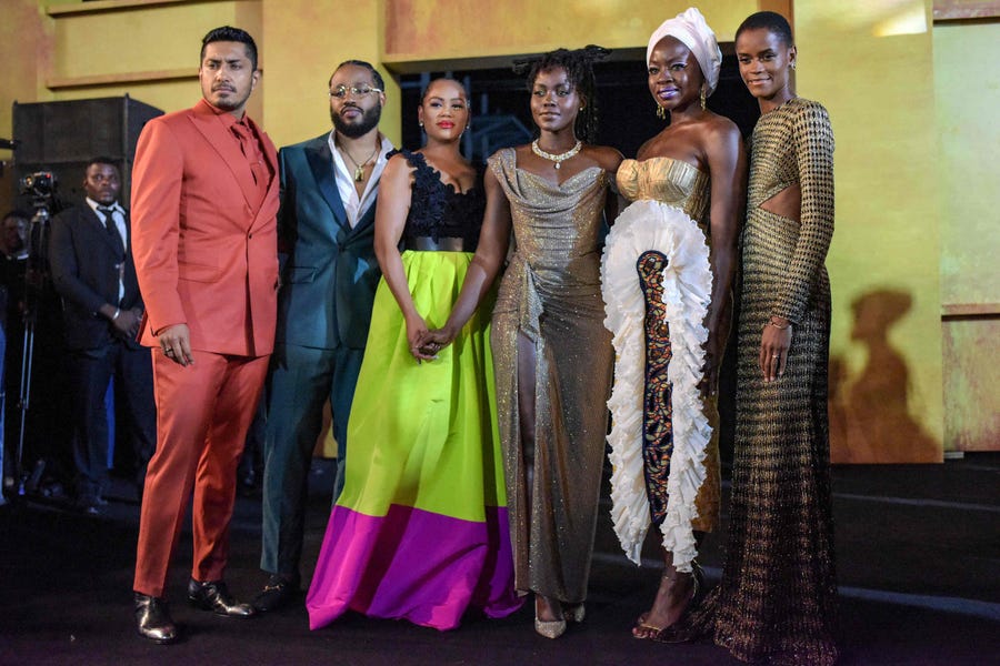 November 6, 2022:  (L-R) Tenoch Huerta, director Ryan Coogler and his wife Zinzi Evans, Lupita Nyong'o, Danai Gurira, and Letitia Wright arrive for the African premiere of the film "Black Panther: Wakanda Forever" in Lagos.  The African premiere of the Marvel superhero film "Black Panther: Wakanda Forever" is taking place in Lagos, a leading commercial hub for African entertainment ahead of the film's global release on November 11.