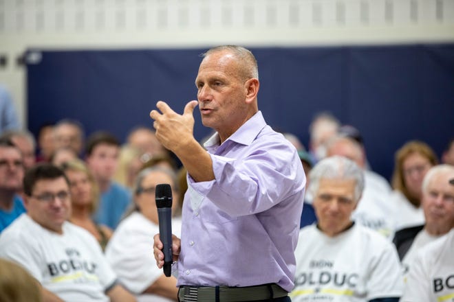 Republican Senate candidate Don Bolduc speaks during a campaign event on Nov. 06, 2022, in Salem, New Hampshire. Bolduc is running against incumbent Maggie Hassan, D-N.H.