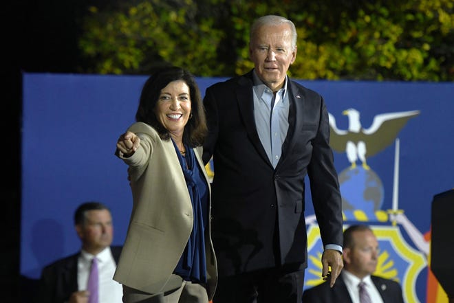 President Joe Biden speaks at a rally for New York Gov. Kathy Hochul and other state Democrats on Nov. 6, 2022, in Yonkers, New York. Hochul faces Republican Lee Zeldin in Tuesday's general election.