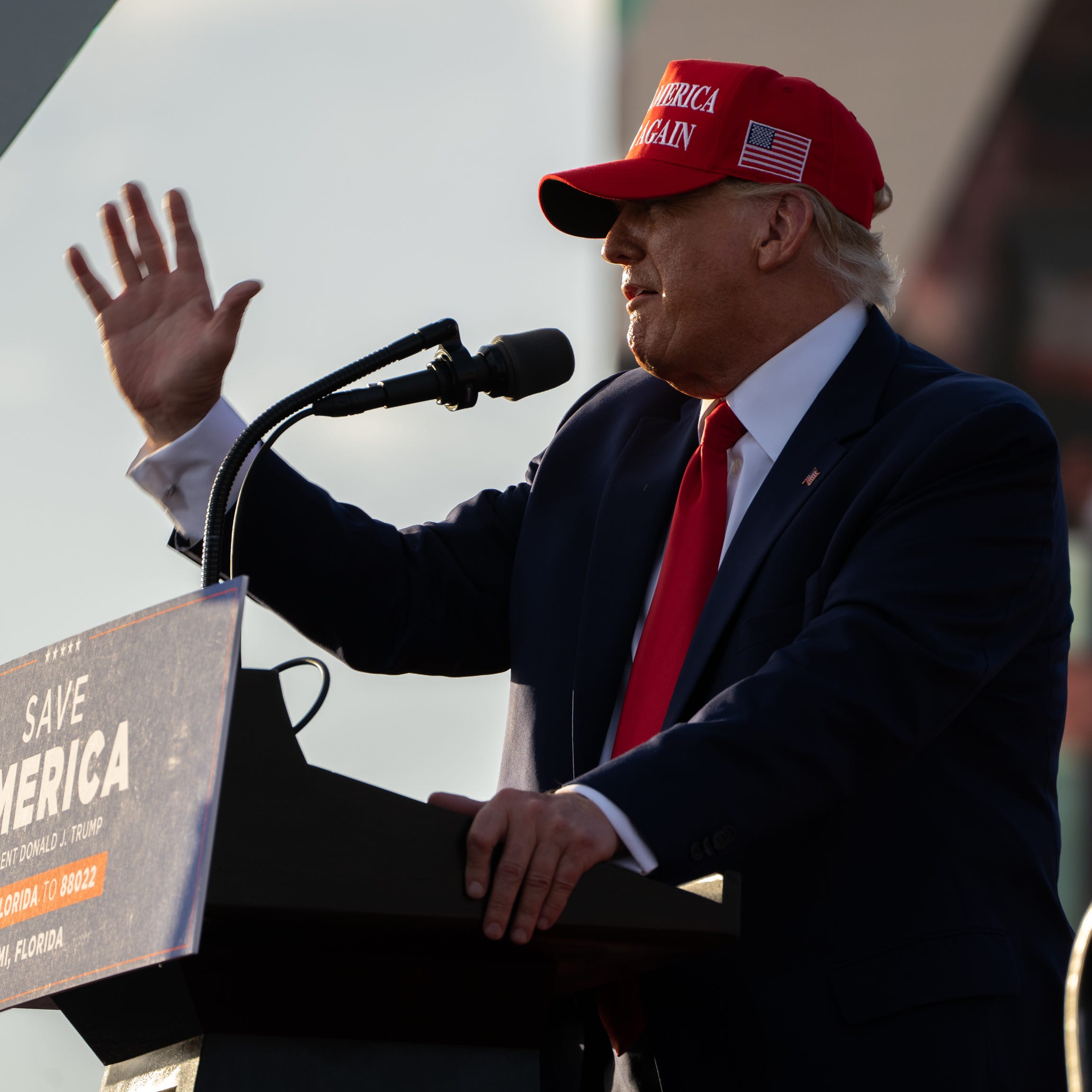 Rally goers, 45th President Donald Trump and Marco Rubio are seen at the Save America Rally at the Miami Dade County Fair and Expo in Miami on Sunday November 6, 2022. ORG XMIT: 2634540 (Via OlyDrop)