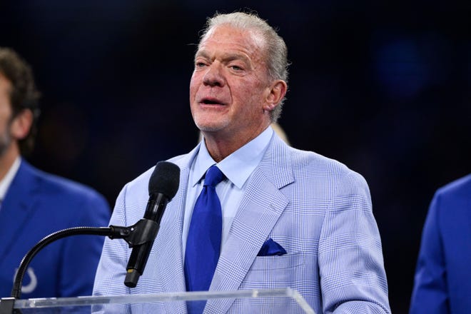 Indianapolis Colts owner Jim Irsay on the field during an NFL football game between the Indianapolis Colts and Washington Commanders, Sunday, Oct. 30, 2022, in Indianapolis.