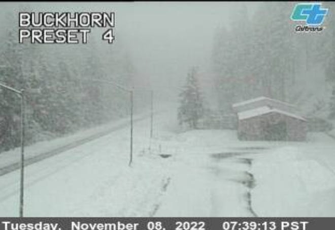 Snowy conditions are seen at Buckhorn Summit Road which caused two big rigs to spin out on Tuesday morning, California Highway Patrol officials said.