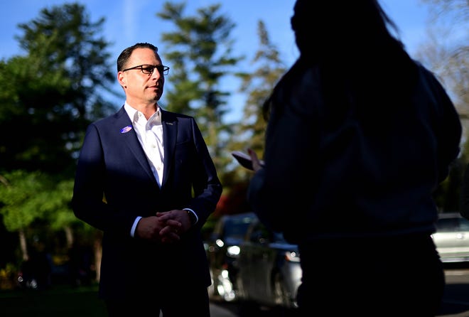 Now Democratic Gov.-elect Josh Shapiro departed after voting at the Rydal Elementary School West polling location on Election Day in Rydal, Pennsylvania. Shapiro beat Republican gubernatorial candidate Doug Mastriano.