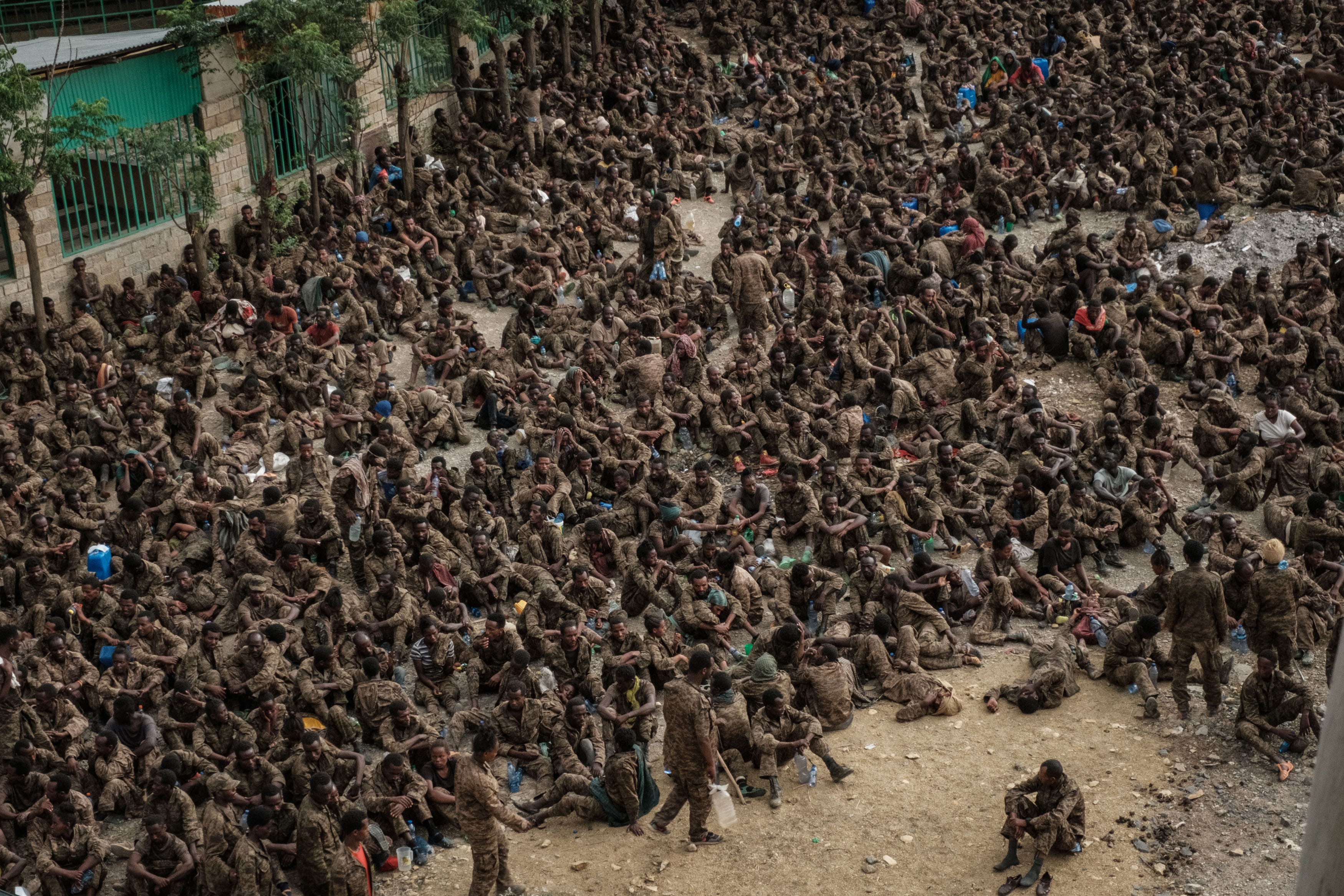 Captive Ethiopian soldiers arrive at Mekele Rehabilitation Center in Mekele, Ethiopia, in July 2021.