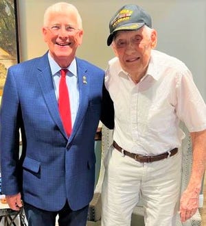 Howard Jefferson Parker Jr., 96, right, with U.S. Sen. Roger Wicker, Miss Rep., who presented him with the Navy Combat Action Ribbon in October 2022.