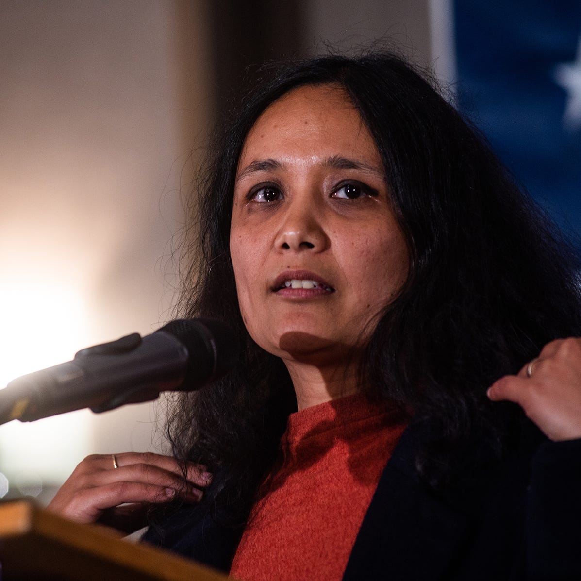 Sarahana Shrestha declares her victory in the 103rd Assembly race at the Ulster County Democrats Election Night Watch Party in Kingston on Tuesday, Novemeber 8, 2022.