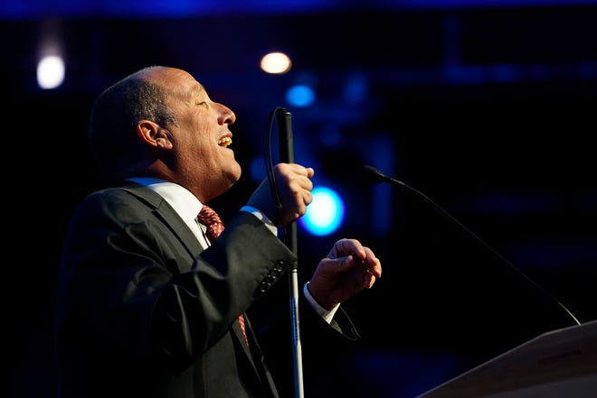 Richard Bernstein speaks to a crowd during the Michigan Democratic watch party for the midterm elections at the Motor City Casino Sound Board in Detroit on Tuesday, November 8, 2022.