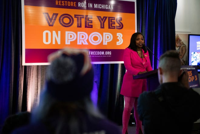 Nicole Wells Stallworth, Executive Director at Planned Parenthood Advocates of Michigan, speaks during a Yes on Proposal 3 campaign watch party at the David Whitney Building in downtown Detroit on Tuesday, Nov. 8, 2022.