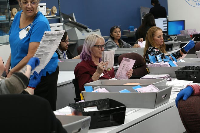 Election workers open and sort mail in ballots for the 2022 midterm election at the Washoe County Registrar of Voters in Reno on Nov. 9, 2022.