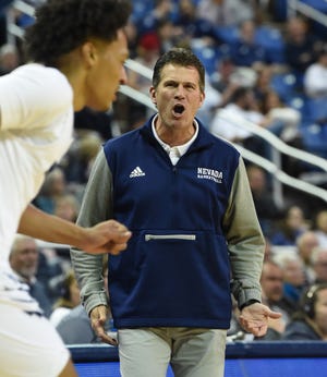 Nevada's head basketball coach Steve Alford coaches from the sideline during  game  against Utah Tech at Lawlor Events Center on Nov. 7, 2022