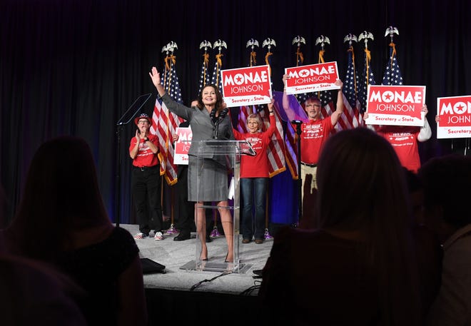Monae Johnson waves to supporters after winning the Secretary of State seat on Tuesday evening, November 8, 2022, at the Hilton Garden Inn in Sioux Falls.