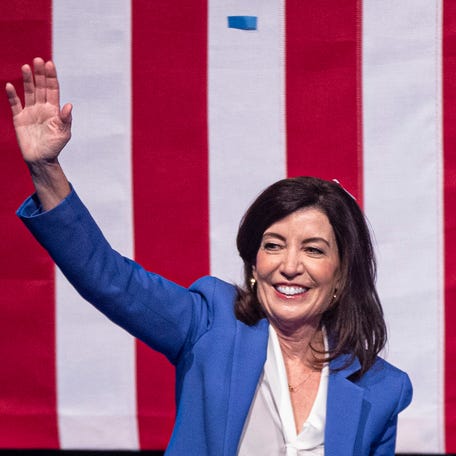 New York State Kathy Hochul waves to supporters after being elected Governor for a full four year term Nov. 8, 2022. Hochul and supporters were gathering at Capitale in Lower Manhattan.