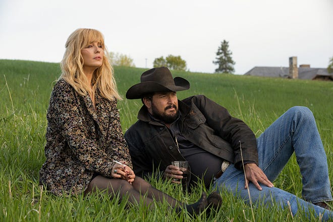 Kelly Reilly as Beth Dutton and Cole Hauser as Rip Wheeler in Season 5 of "Yellowstone."