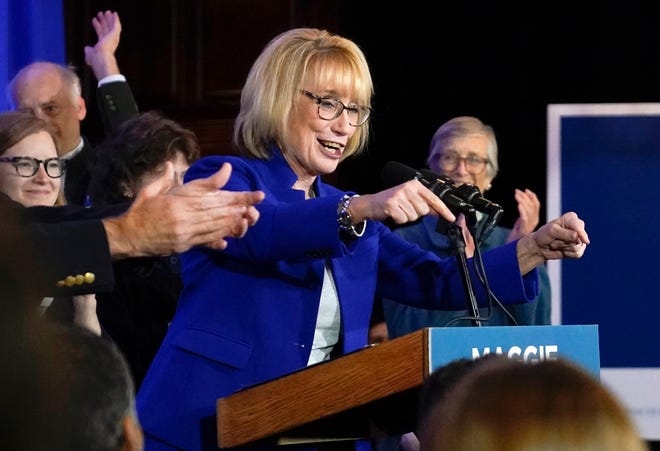 Sen. Maggie Hassan, D-N.H., speaks during an election night campaign event on Nov. 8, 2022, in Manchester.
