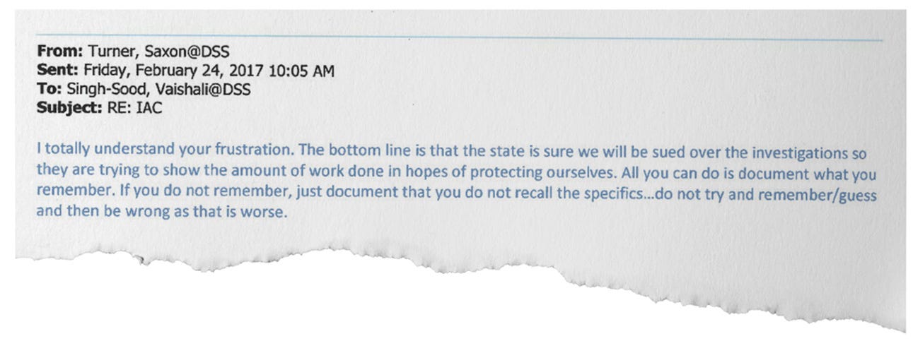 Saxton Turner, a licensing program manager with California Department of Social Services, sent this email to Vaishali Singh-Sood, the analyst handling the investigation into the Independent Adoption Center.