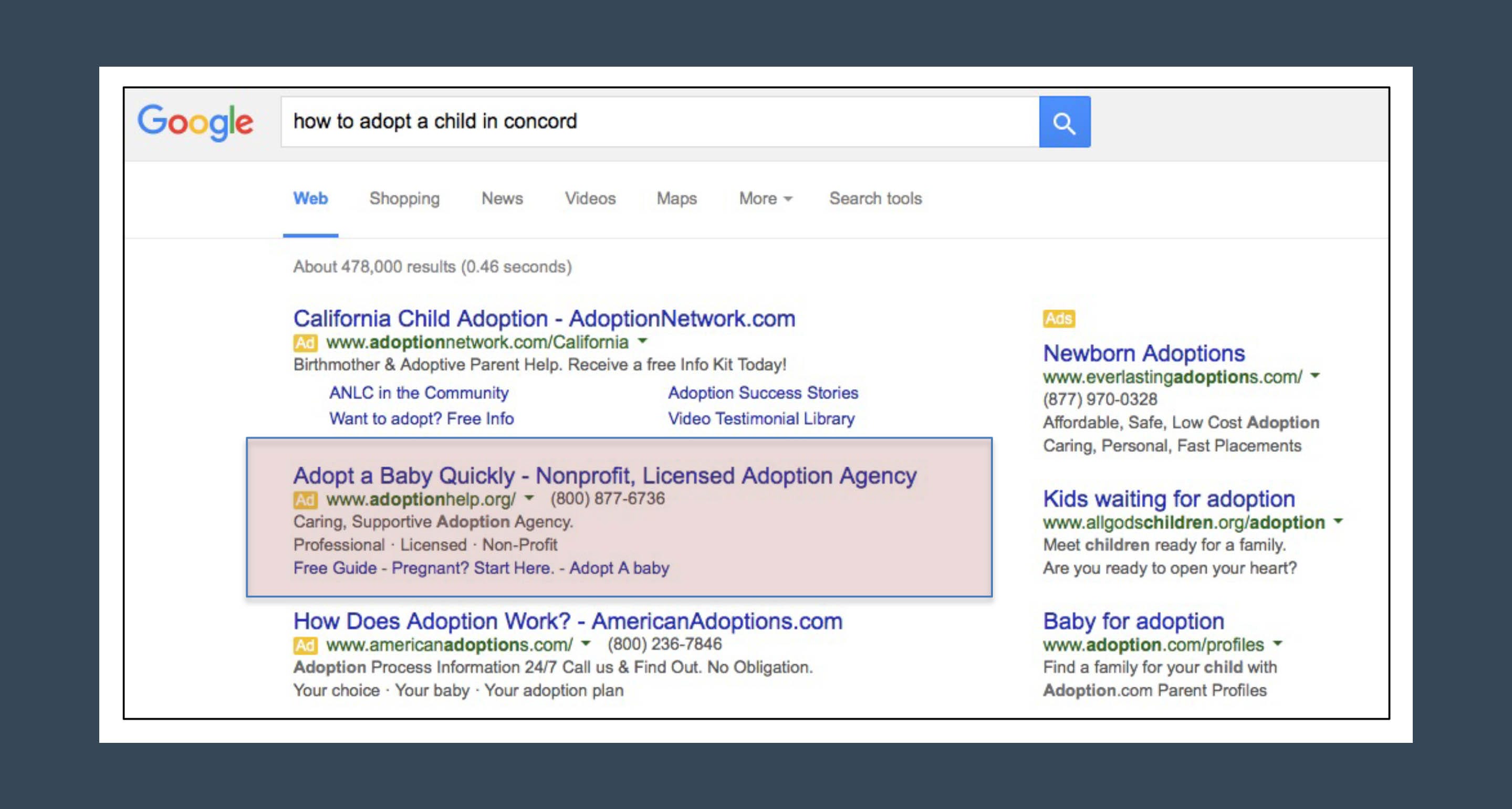 A screenshot of a Google "Adopt a Baby Quickly" ad from the Independent Adoption Center.