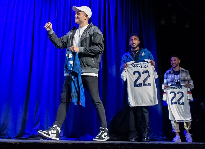Jordan Morris, Jesus Ferreira and Cristian Roldan are introduced during the U.S. men's national soccer team World Cup roster reveal party at Brooklyn Steel.