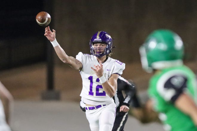 Panhandle’s Landyn Hack (12) passes the ball in a  2A Division 1 Bi-District game against Floydada, Friday, November 11, 2022, at Happy State Bank Stadium in Amarillo. Panhandle won 54-28.