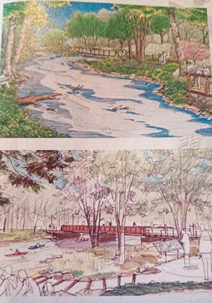 These two provided renderings show what sections of the River Raisin flowing through downtown Adrian might look like after the Downtown Adrian Riverfront vision plan is carried out and completed.  In total, 3,000 feet of new pedestrian, multiuse walking trails are planned, 1,900 feet of riverbank would be restored and 1,700 feet of recreated natural riverbank is also expected as part of the riverfront project.
