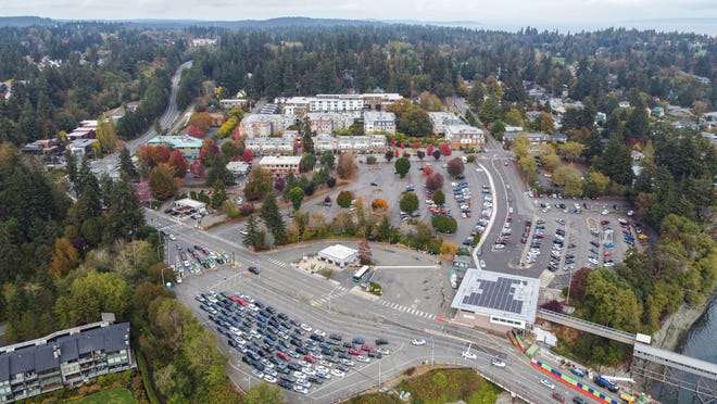 An aerial view of the area near the state ferry terminal on Bainbridge Island where a development group is eying plans for a concert hall, housing and other amenities.
