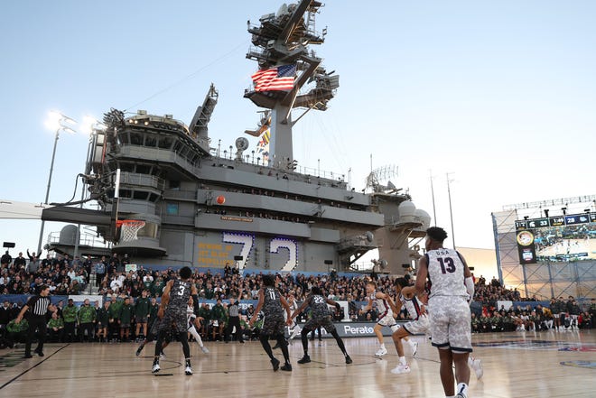 A general view of first half action during the Armed Forces Classic between the Michigan State Spartans and the Gonzaga Bulldogs aboard the USS Abraham Lincoln aircraft carrier on November 11, 2022 in San Diego, California.